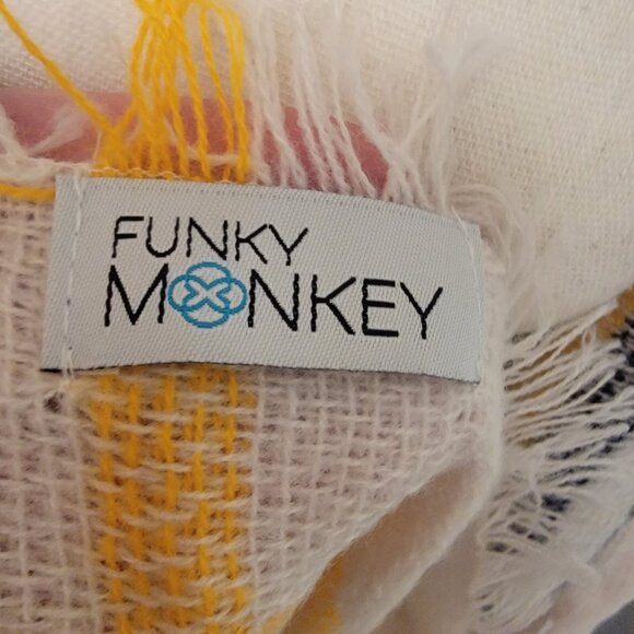 Funky Monkey Red Yellow Plaid Wrap Scarf Fringe - Picture 2 of 3